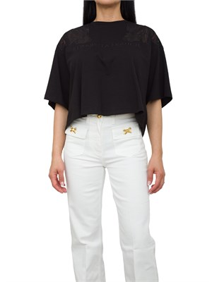 T-shirt nera con ricamo fiore tono su tono Elisabetta Franchi in DONNA