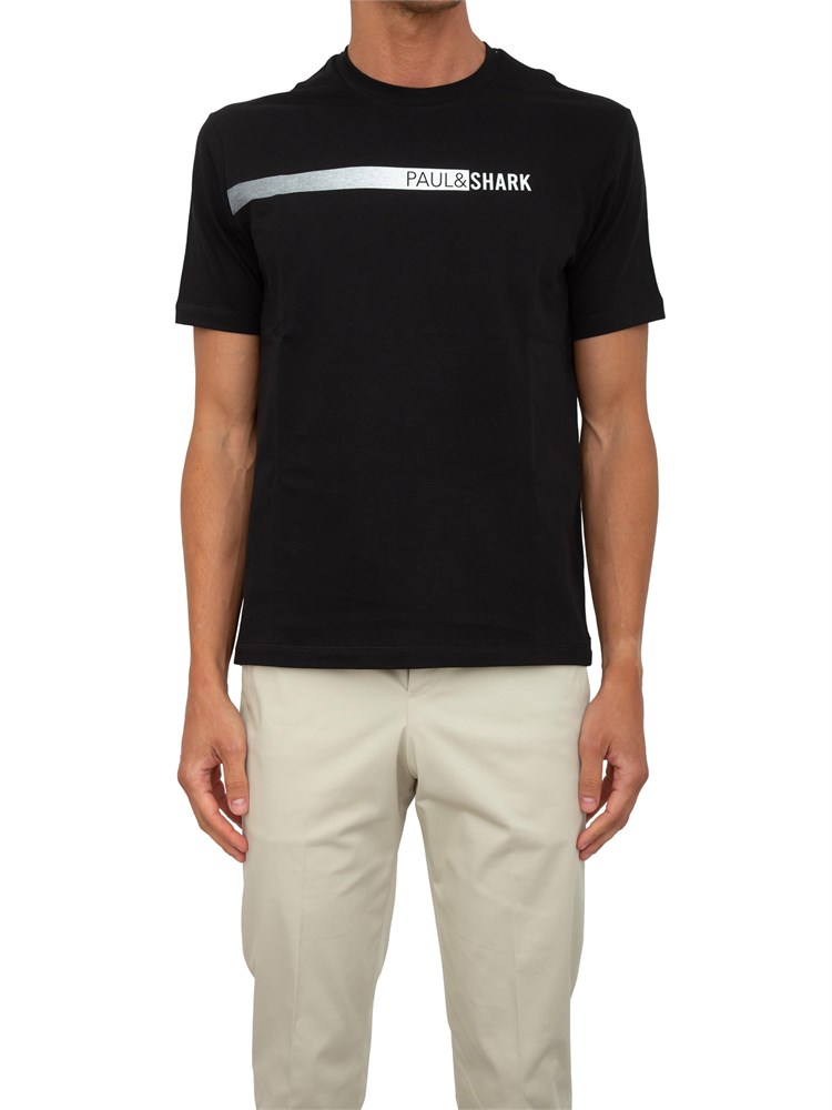 T-shirt Paul [and] Shark nero in jersey di cotone con stampa