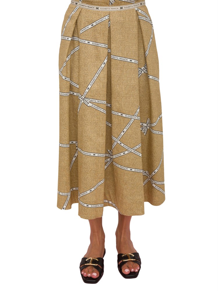 Gonna Elisabetta Franchi in cotone beige con stampa rafia e nastro