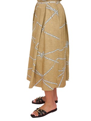Gonna Elisabetta Franchi in cotone beige con stampa rafia e nastro in DONNA