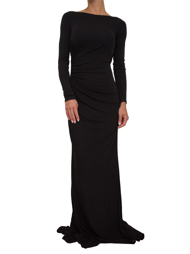 Abito lungo Elisabetta Franchi in jersey nero con drappeggi e chiusura logo spalle
650,00 €