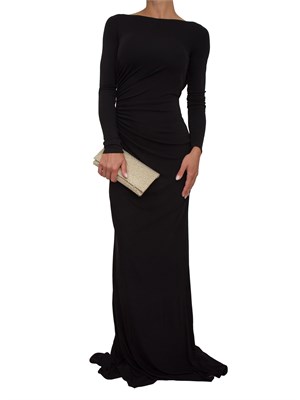 Abito lungo Elisabetta Franchi in jersey nero con drappeggi e chiusura logo spalle
650,00 € in DONNA