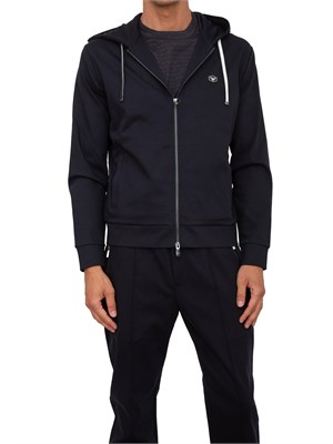 Felpa uomo Emporio Armani con cappuccio e zip in tessuto punto Roma blu in UOMO