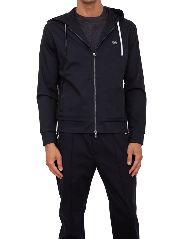 Felpa uomo Emporio Armani con cappuccio e zip in tessuto punto Roma blu