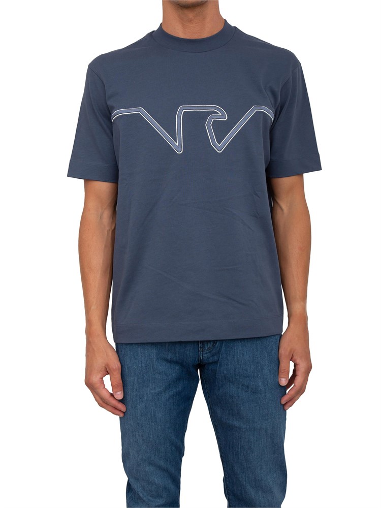 T-shirt Emporio Armani uomo in cotone blu chiaro con aquila sagomata
