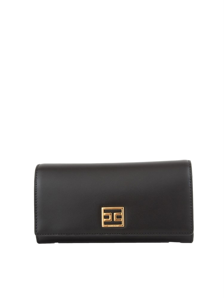 Portafoglio nero Elisabetta Franchi in ecopelle con patta logo oro