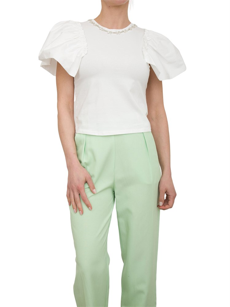 T-shirt regular Fracomina in jersey bianco con gale in popeline su giromanica