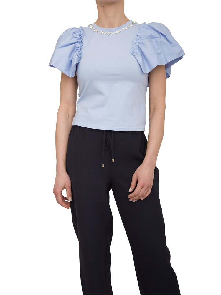 T-shirt regular Fracomina in jersey azzurro con gale in popeline su giromanica