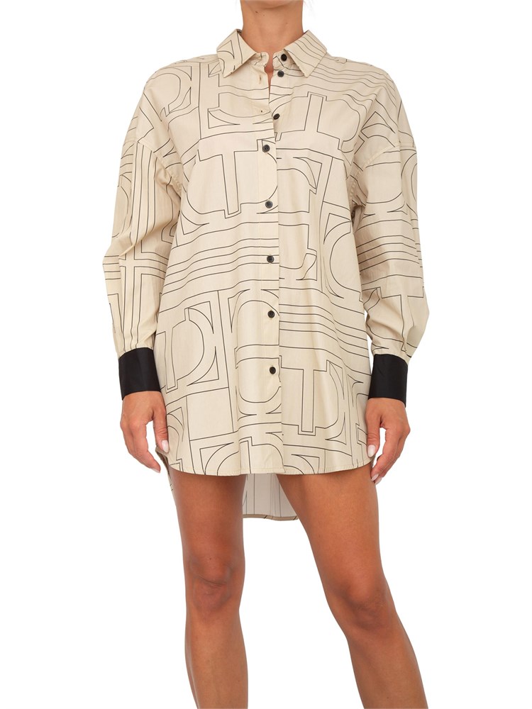 Abito camicia Twinset in pregiato cotone beige con stampa logo all over