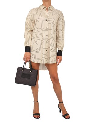 Abito camicia Twinset in pregiato cotone beige con stampa logo all over in DONNA