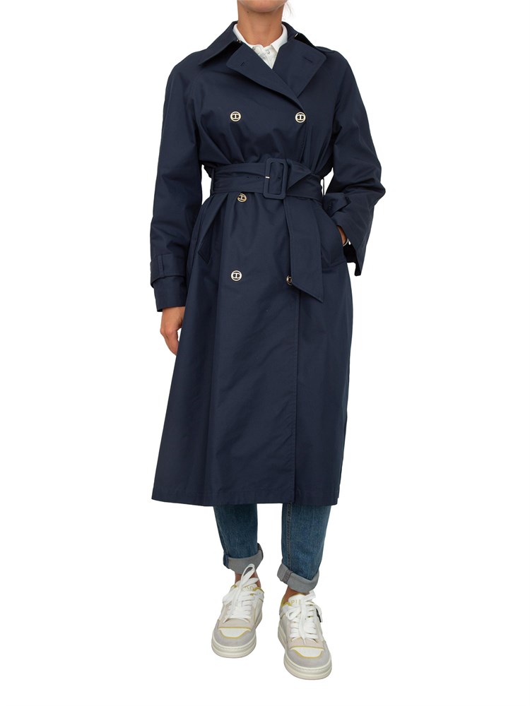Trench doppiopetto Twinset in twill di misto cotone blu