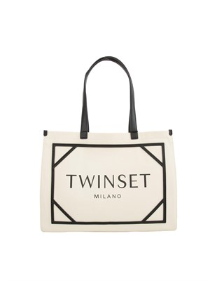 Borsa shopper Twinset in canvas con logo bianco in DONNA