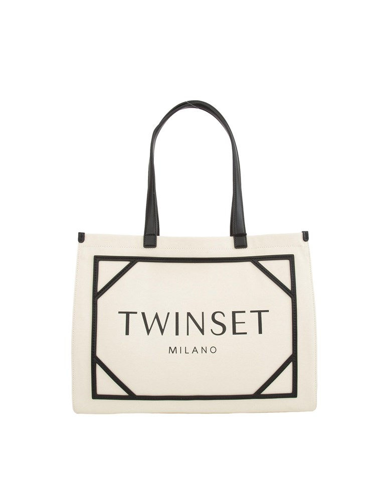 Borsa shopper Twinset in canvas con logo bianco