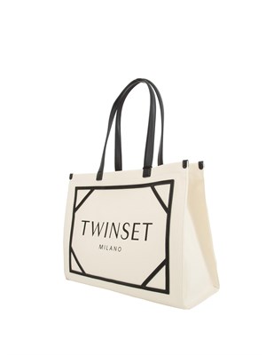 Borsa shopper Twinset in canvas con logo bianco in DONNA