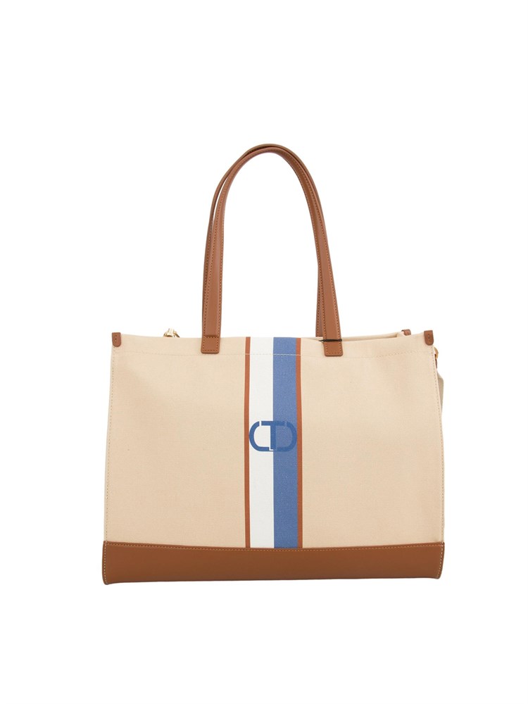 Borsa shopper Twinset in canvas con Oval T beige