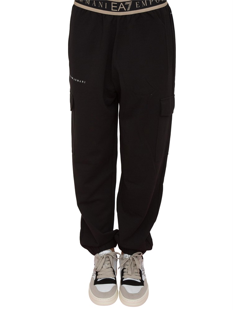 Pantaloni cargo EA7 Emporio Armani donna in tessuto tecnico nero con banda logo