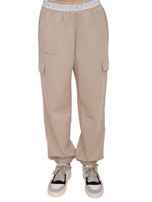 Pantaloni cargo EA7 Emporio Armani donna in tessuto tecnico beige con banda logo in DONNA