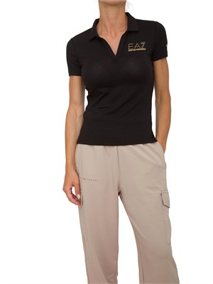 Polo donna EA7 Emporio Armani in misto cotone e modal nero con logo borchie in DONNA