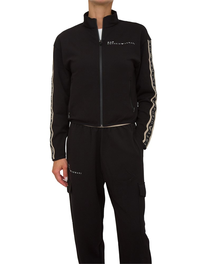 Felpa donna EA7 Emporio Armani in tessuto tecnico nero con bande logo