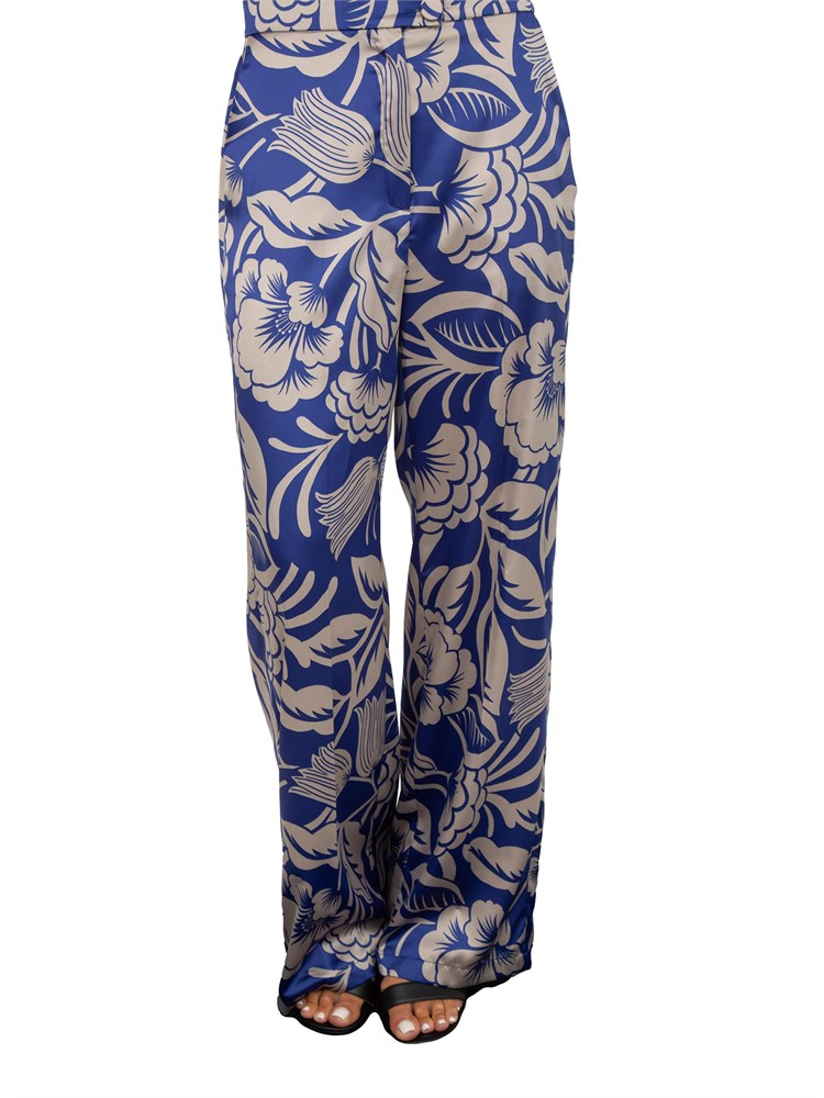 Pantalone donna Emme Marella in raso stretch ampio con stampa floreale blu