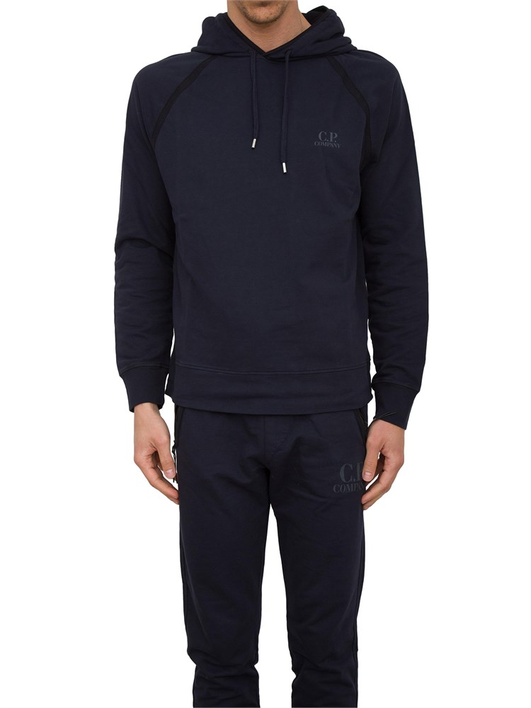Felpa uomo blu con cappuccio C.P. Company in cotone logo stampato
