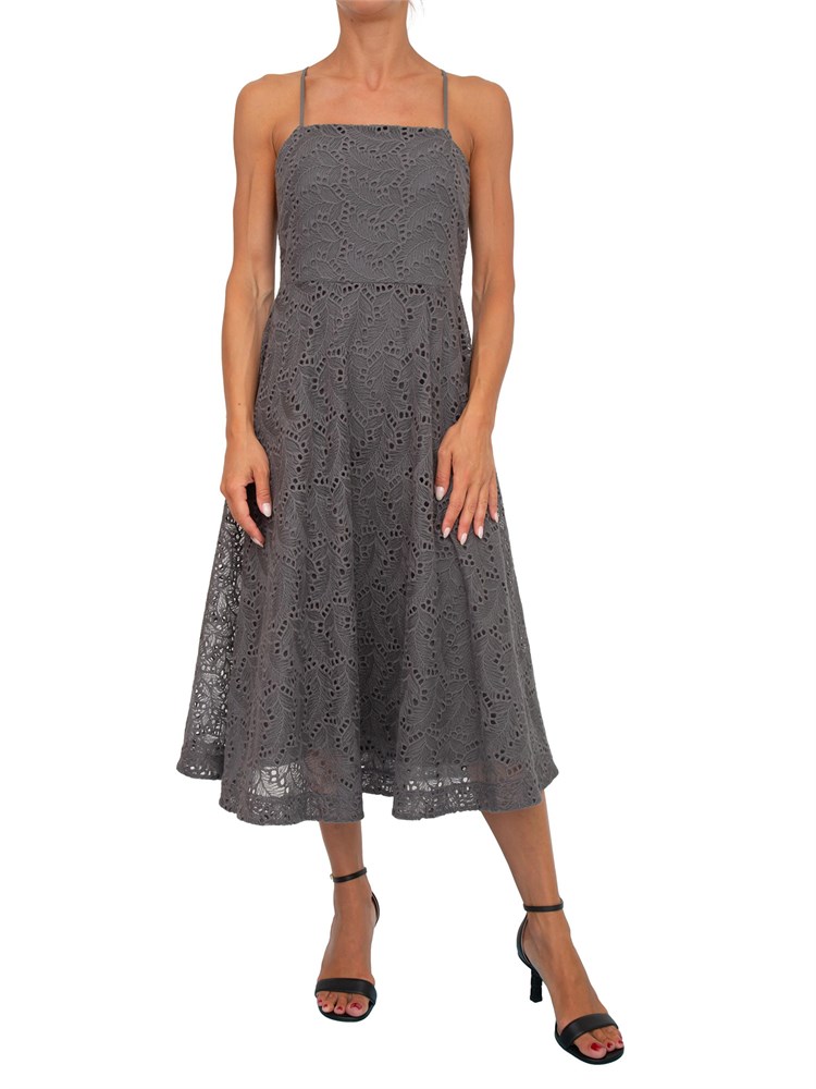Abito midi Marella in cotone grigio ardesia con lavorazione ricami all over