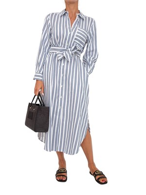 Chemisier Marella in viscosa e lino bianco con motivo rigato blu in DONNA