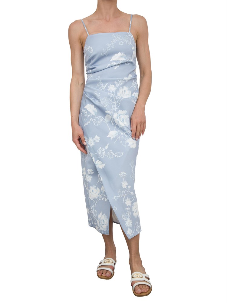 Abito lungo Marella in satin celeste con stampa floreale