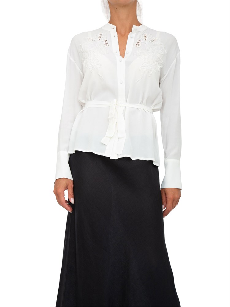 Camicia bianca manica lunga Twinset con ricami, perline e intarsi in rete