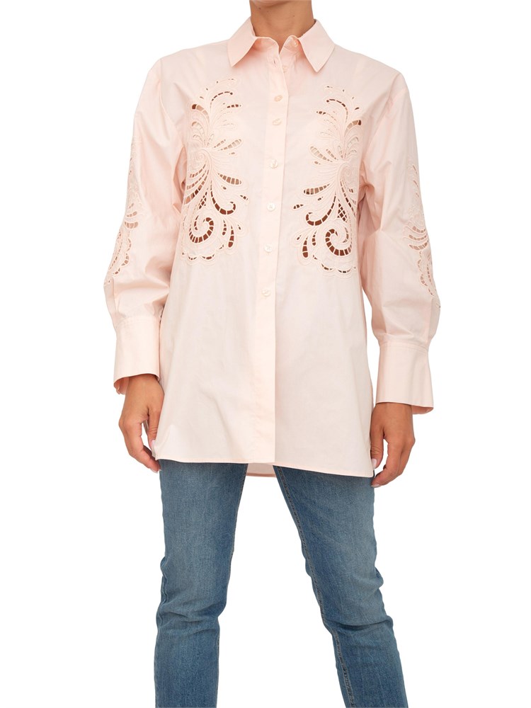Camicia Twinset modello oversize in popeline rosa con ricamo