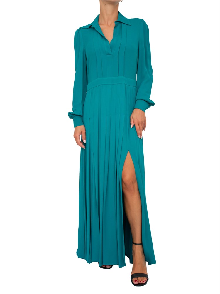 Abito lungo Twinset in georgette plissé verde acqua con collo camicia e maniche lunghe