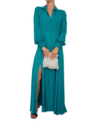 Abito lungo Twinset in georgette plissé verde acqua con collo camicia e maniche lunghe in DONNA