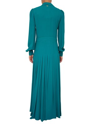 Abito lungo Twinset in georgette plissé verde acqua con collo camicia e maniche lunghe in DONNA