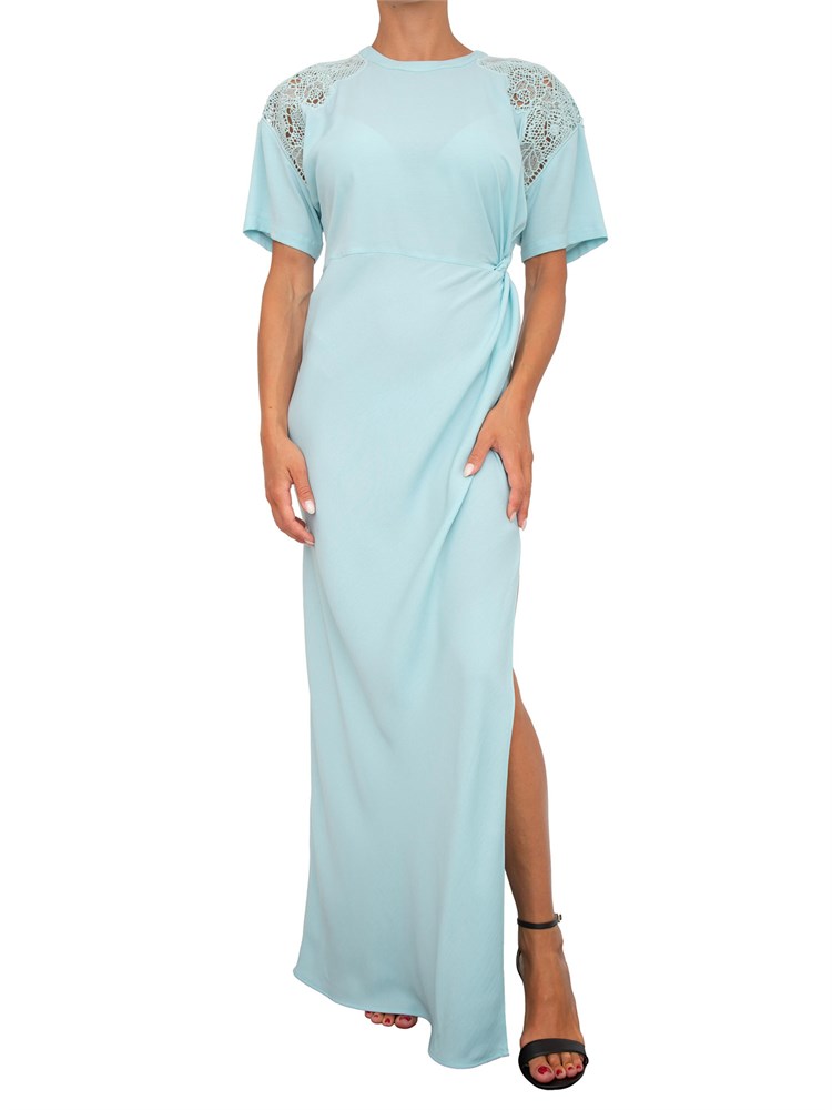 Abito lungo Twinset Actitude in twill fluido verde acqua con ricamo tono su tono