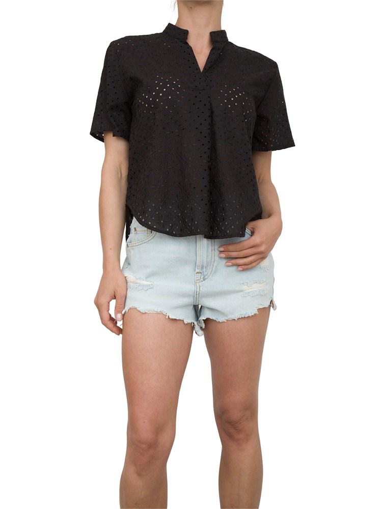 Camicia donna Emme Marella in mussola di cotone nero con ricamo sangallo geometrico