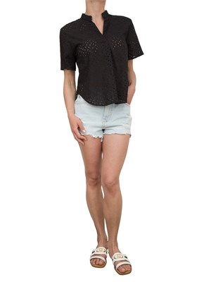 Camicia donna Emme Marella in mussola di cotone nero con ricamo sangallo geometrico in DONNA