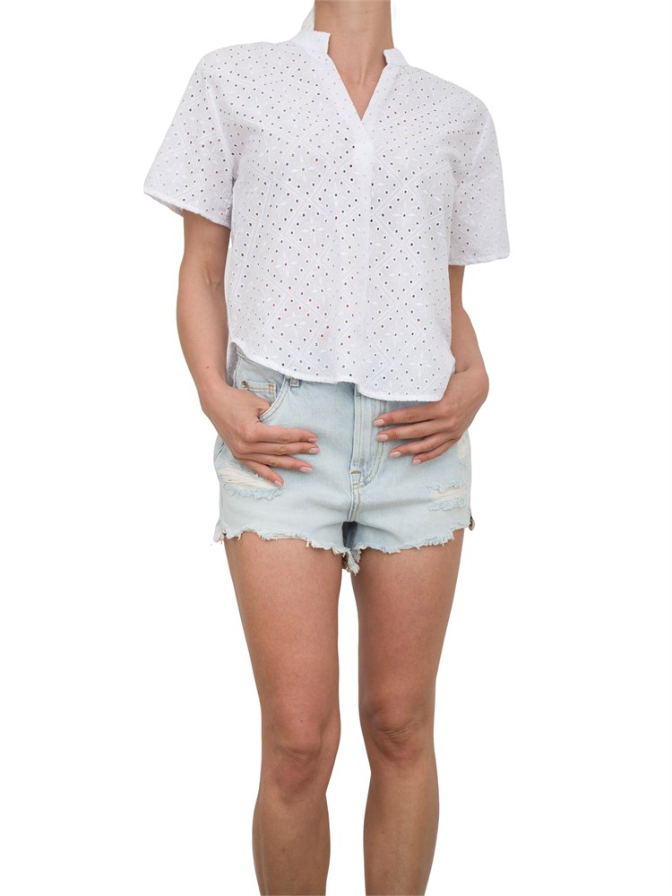 Camicia donna Emme Marella in mussola di cotone bianco con ricamo sangallo geometrico