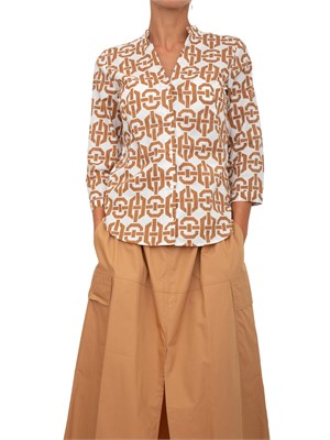 Camicia Marella collo coreana e stampa geometrica cammello all over in DONNA