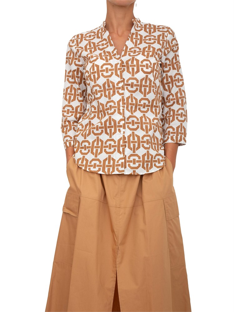 Camicia Marella collo coreana e stampa geometrica cammello all over