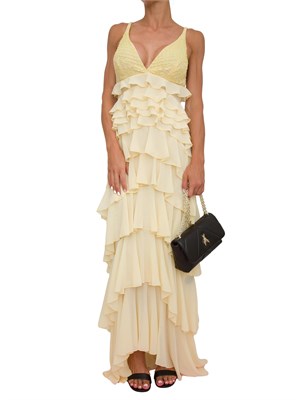 Abito lungo giallo Elisabetta Franchi in georgette con balze in DONNA