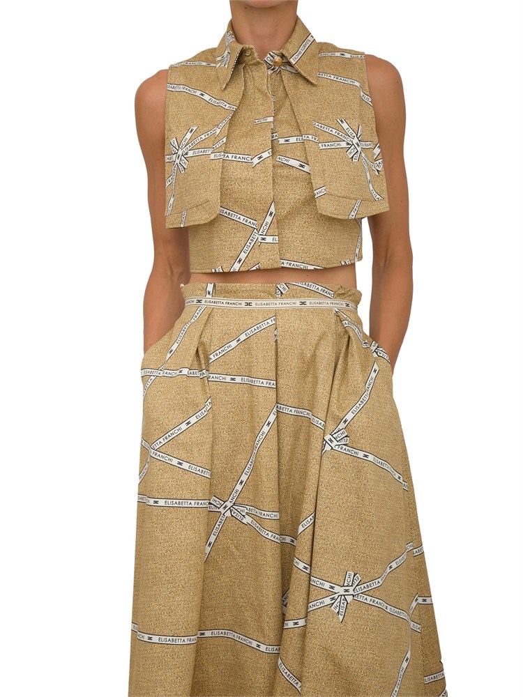 Camicia Elisabetta Franchi in cotone beige con stampa rafia e nastro
