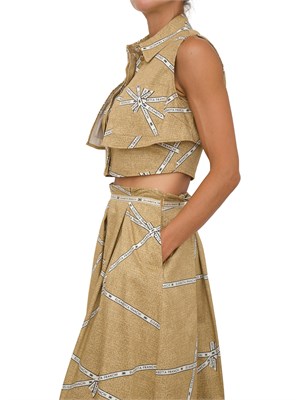 Camicia Elisabetta Franchi in cotone beige con stampa rafia e nastro in DONNA