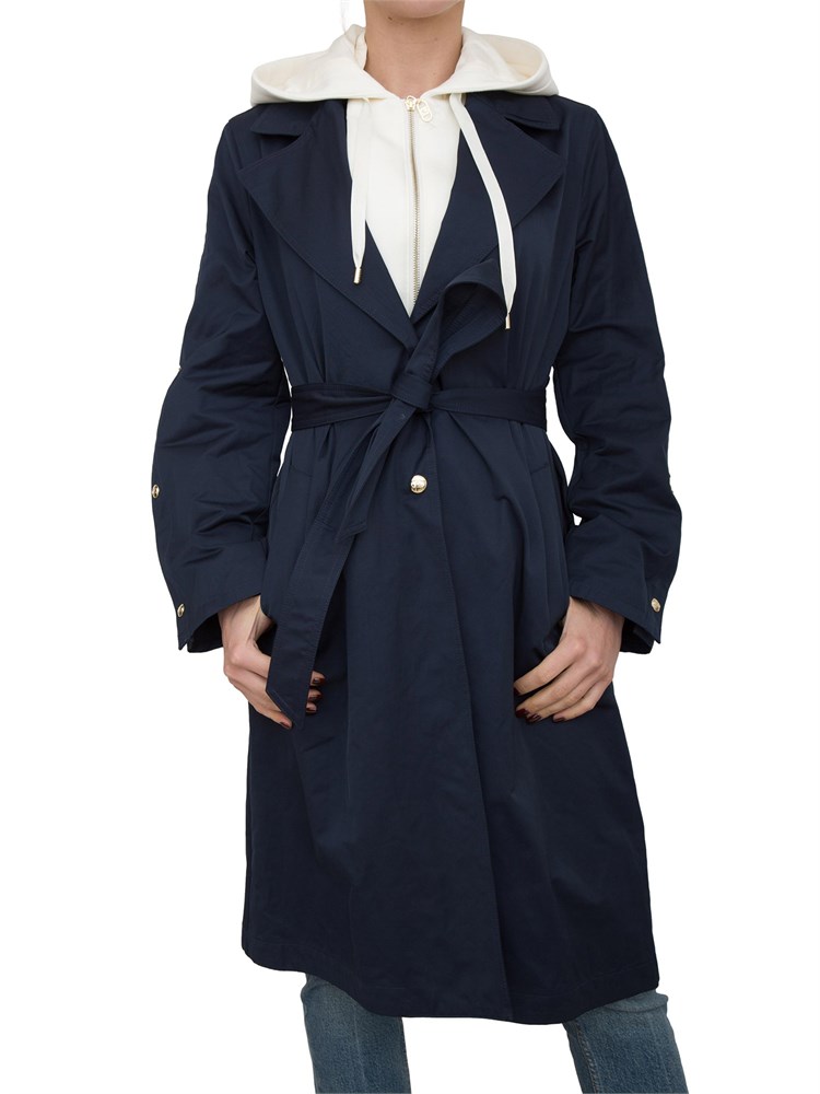 Cappotto blu Liu Jo in cotone con cintura in vita e bottoni oro