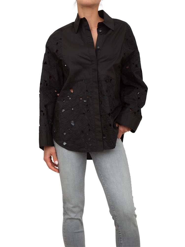 Camicia over Blugirl in tela di cotone nero con ricamo rose a intaglio
