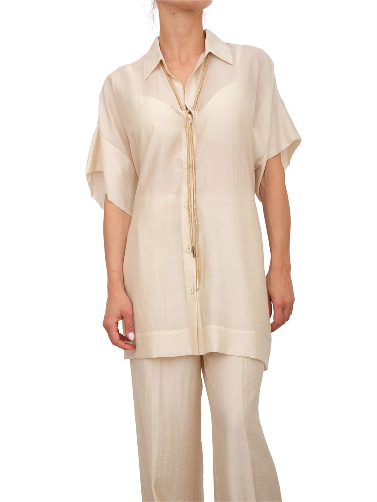 Camicia donna over Blugirl in tencel beige con collana tubolare strass