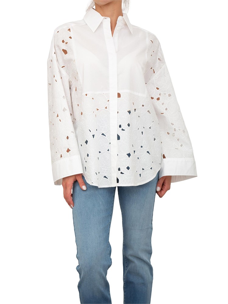 Camicia over Blugirl in tela di cotone bianco con ricamo rose a intaglio
