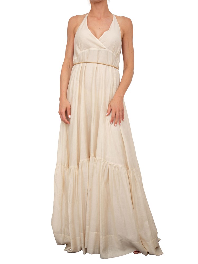 Abito lungo Blugirl in tencel beige con figura e cintura strass