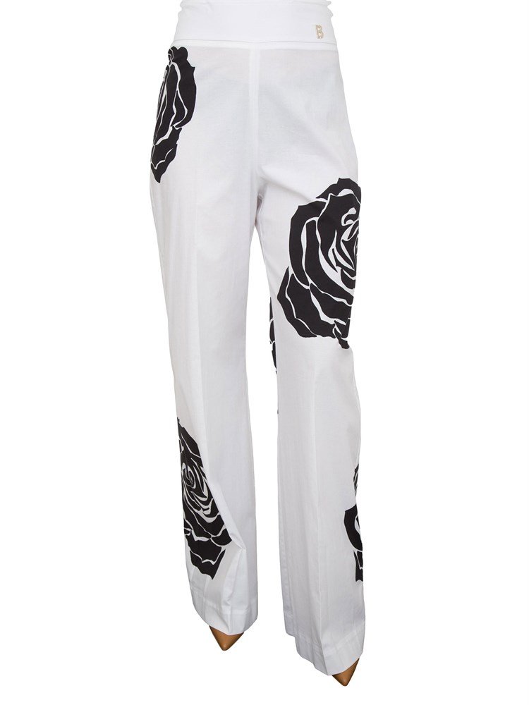 Pantaloni Blugirl in popeline bianco con stampa rose nere