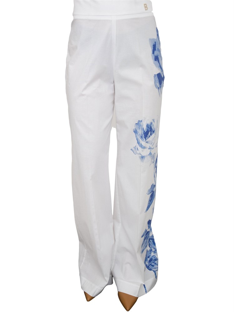 Pantaloni Blugirl in popeline bianco con stampa rose blu