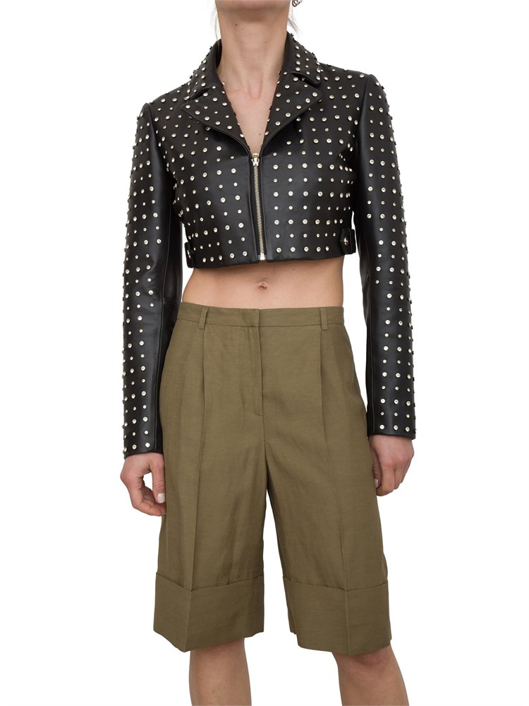 Chiodo cropped in pelle nera Blugirl con rivetti cristallo all over